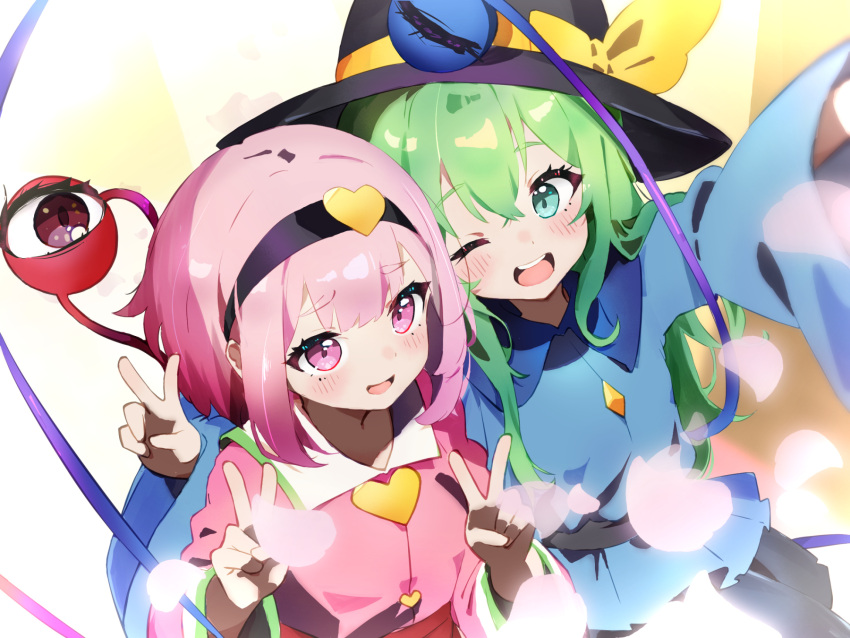 2girls :d ;d alternate_color black_hairband black_headwear blue_shirt bow bush buttons chikuzen1996 collared_shirt commentary_request double_v eyelashes green_eyes green_hair hair_ornament hairband hat hat_bow heart heart_button heart_hair_ornament highres komeiji_koishi komeiji_satori long_hair long_sleeves multiple_girls one_eye_closed open_mouth pink_eyes pink_hair pink_shirt red_eyes shirt short_hair siblings sisters smile teeth third_eye tongue touhou upper_teeth_only v wide_sleeves yellow_bow