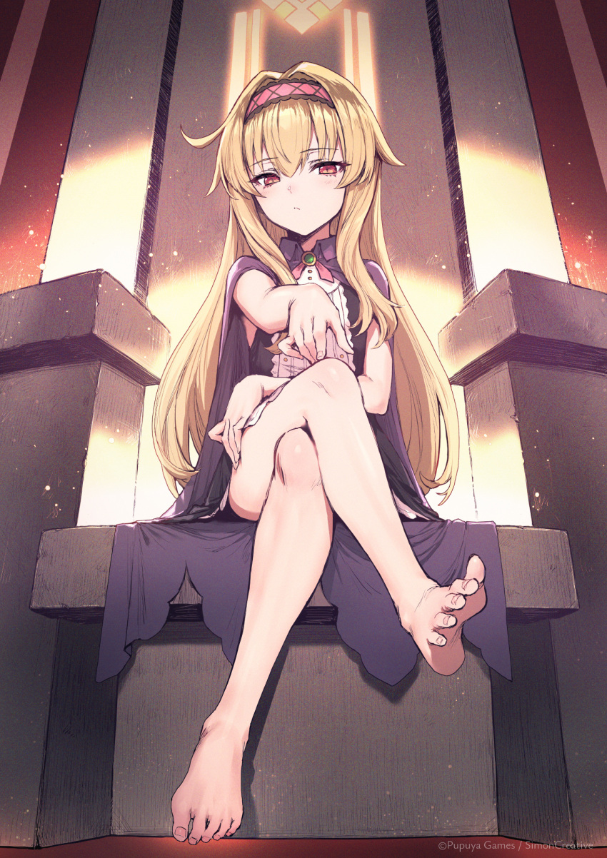 1girl barefoot black_cloak black_dress blonde_hair brown_eyes cloak crossed_legs dress feet hairband haoni highres legs little_witch_nobeta long_hair looking_at_viewer nobeta official_art outstretched_arm second-party_source short_dress sitting sleeveless sleeveless_dress soles solo striped_clothes striped_dress thighs toes two-tone_dress vertical-striped_clothes vertical-striped_dress white_dress