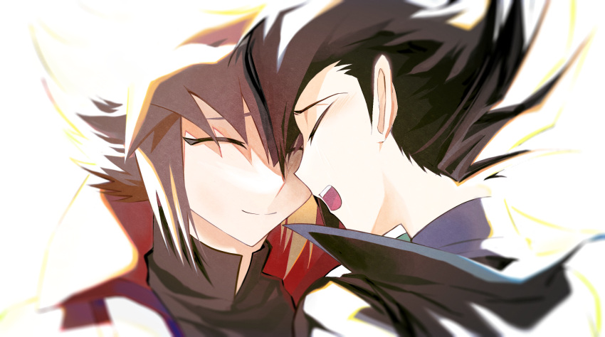 2boys backlighting black_hair black_jacket black_shirt brown_hair happy high_collar highres jacket kd_(jichaman1) male_focus manjoume_jun multiple_boys open_mouth purple_shirt red_jacket shirt short_hair smile teeth upper_teeth_only yaoi yu-gi-oh! yu-gi-oh!_gx yuuki_juudai