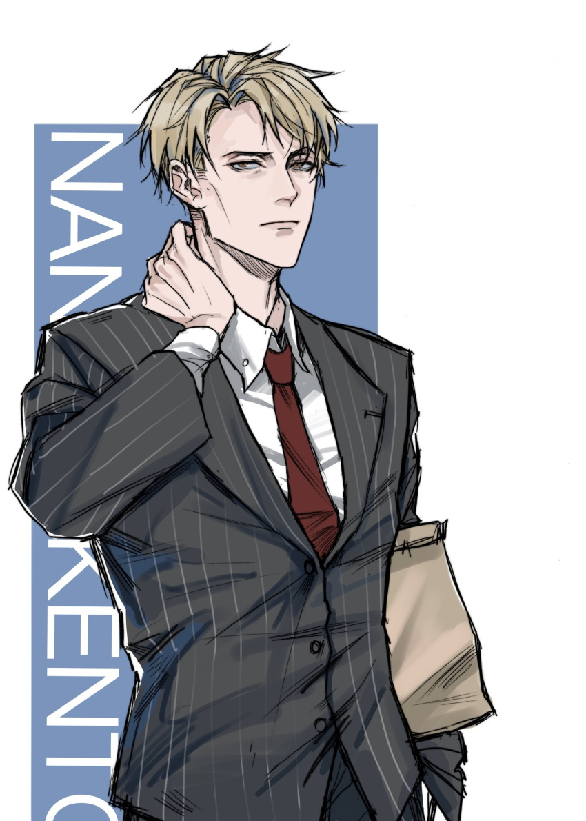 1boy bag black_suit blonde_hair brown_eyes character_name collared_shirt hand_on_own_neck highres inoji_73 jacket jujutsu_kaisen long_sleeves looking_at_viewer male_focus nanami_kento necktie paper_bag pinstripe_jacket pinstripe_pattern pinstripe_suit red_necktie shirt short_hair solo standing suit suit_jacket upper_body white_shirt