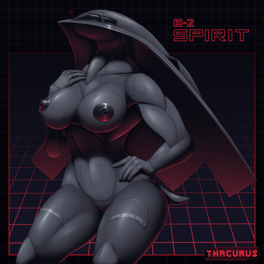1:1 80's_theme aircraft aircraft_humanoid airplane anthro b-2 b-2_spirit breasts female genitals geometric_background grey_body grid_background hand_on_hip heart_symbol hi_res living_aircraft living_machine living_vehicle machine markings nipples not_furry pattern_background pussy simple_background solo thacurus vehicle wings