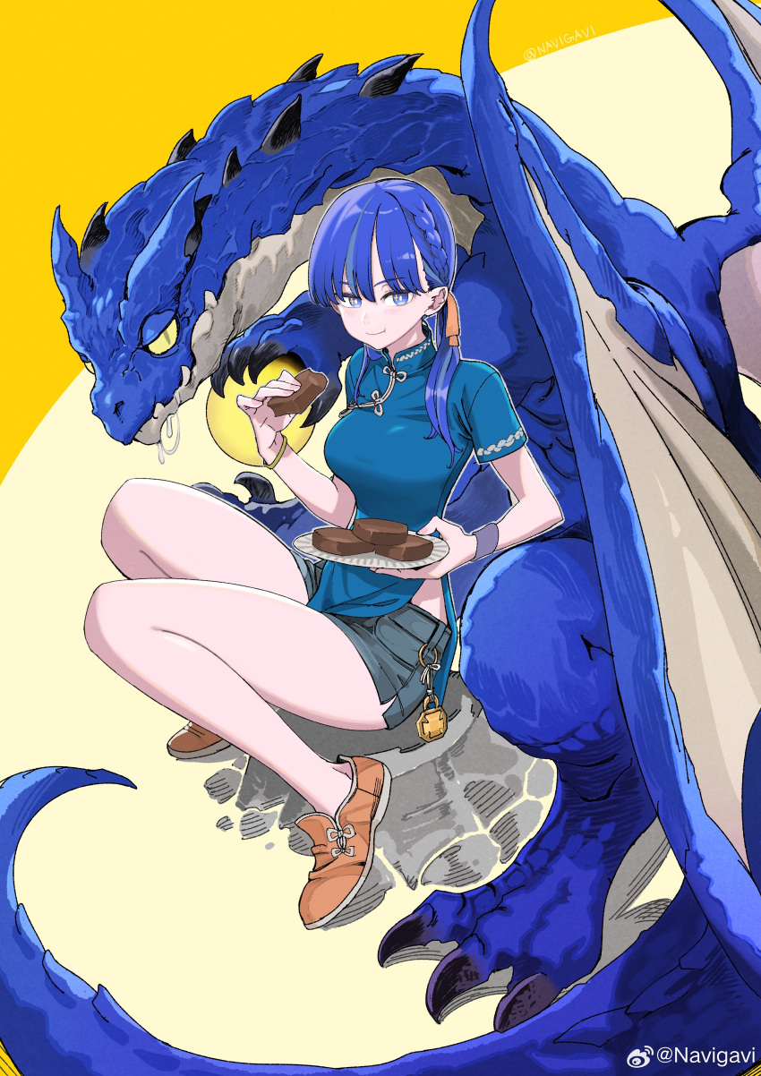 1girl absurdres bare_legs between_legs blue_dress blue_eyes blue_hair blue_theme bracelet braid breasts brown_footwear china_dress chinese_clothes chinese_zodiac closed_mouth dragon dress drooling eating food grey_shorts hair_over_one_eye hand_up highres holding holding_food holding_plate hungry jewelry jun_(navigavi) knees_up long_hair looking_at_another looking_at_hand medium_breasts orb original plate pointy_ears short_sleeves shorts shorts_under_dress side_braid sitting skin_tight smile toggles twintails twitter_username weibo_logo weibo_username western_dragon wristband year_of_the_dragon yellow_background yellow_eyes