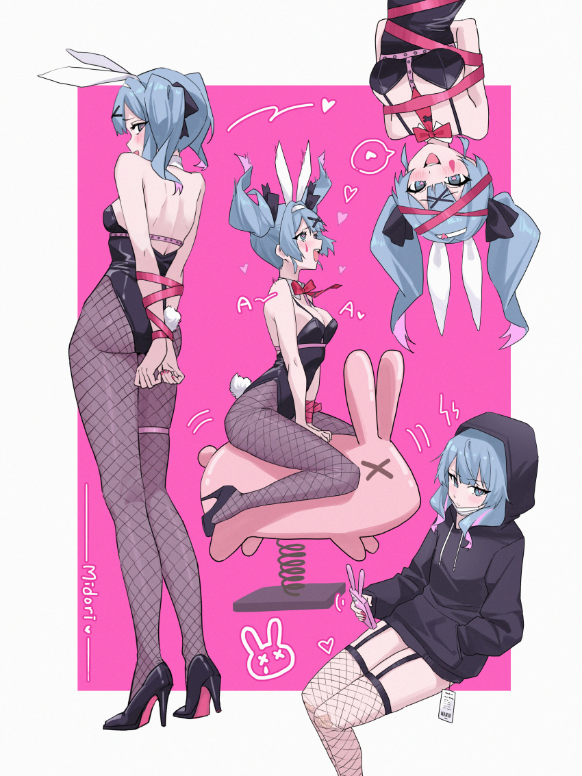 1girl absurdres animal_ears backless_leotard bare_shoulders black_footwear black_hoodie black_leotard black_pantyhose blue_eyes blush border bound bound_wrists breasts closed_mouth commentary drawstring expressionless fake_animal_ears fishnet_pantyhose fishnet_thighhighs fishnets garter_straps hand_in_pocket hatsune_miku heart high_heels highleg highleg_leotard highres hood hood_up hoodie legs_together leotard looking_at_viewer mask midori_xu mouth_mask multiple_views no_pants outside_border pantyhose pink_background pink_pupils playboy_bunny rabbit_ears rabbit_hole_(vocaloid) ribbon ribbon_bondage riding riding_animal sexually_suggestive sideboob simple_background sitting small_breasts spoken_heart spring_rider surgical_mask symbol-only_commentary teardrop_facial_mark thighhighs vocaloid white_border