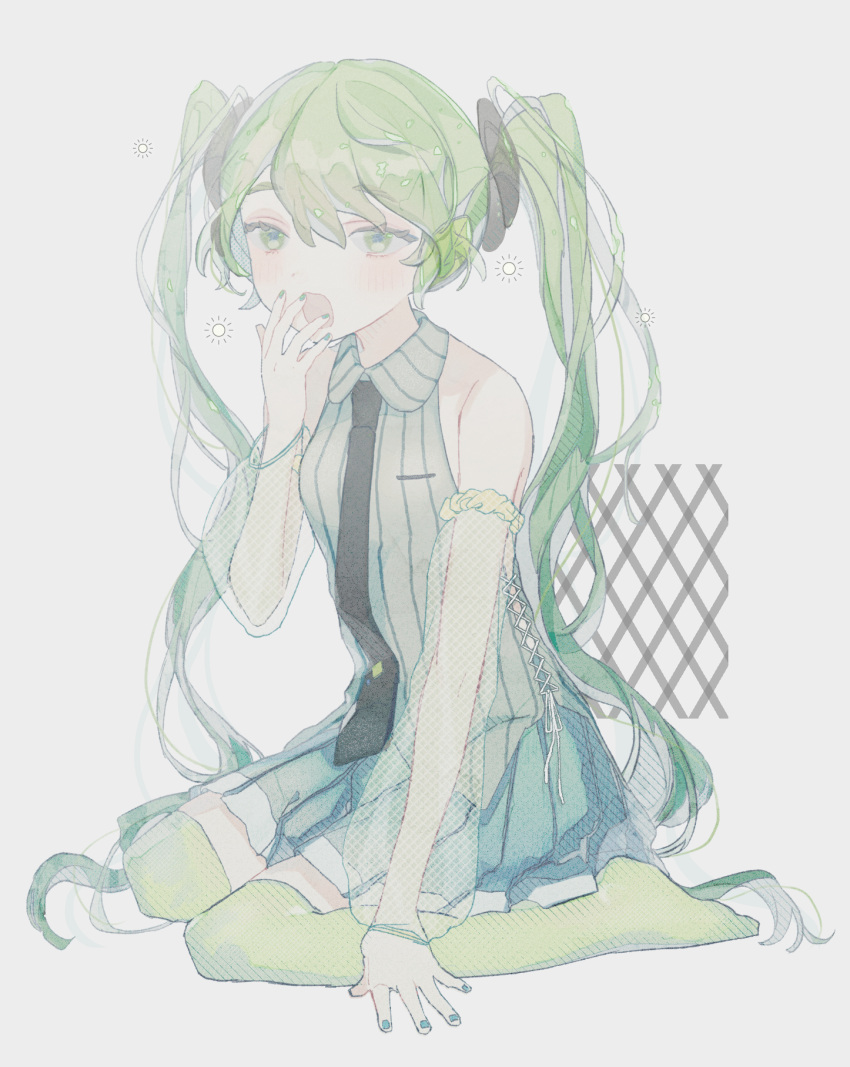 1girl :o alternate_color alternate_hair_color bare_shoulders black_necktie blush detached_sleeves fishnet_sleeves full_body green_eyes green_hair green_nails green_skirt green_theme green_thighhighs grey_background grey_shirt hair_ornament hand_on_floor hand_up hatsune_miku highres leaf_hair_ornament long_hair long_sleeves looking_at_viewer nakko_(7nt5ta) necktie open_mouth pleated_skirt see-through see-through_sleeves shirt simple_background sitting skirt sleeveless sleeveless_shirt solo squeans thighhighs twintails very_long_hair vocaloid wariza white_background yawning