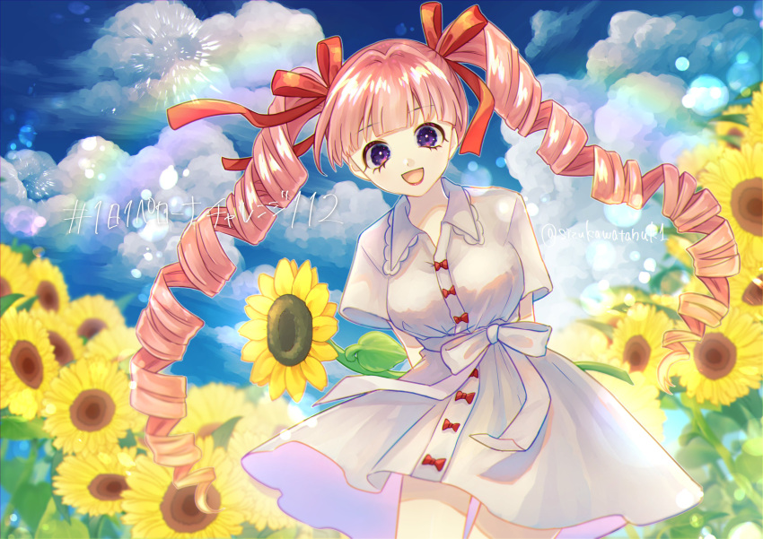 1girl absurdres arms_behind_back belt blunt_bangs cloud collared_dress commentary cowboy_shot dress drill_hair field floating_clothes flower flower_field hair_ribbon highres holding holding_flower looking_at_viewer one_piece open_mouth perona pink_hair purple_eyes rainbow red_ribbon ribbon short_sleeves sizukawatanuk1 sky smile solo sunflower sunflower_field twintails twitter_username white_dress