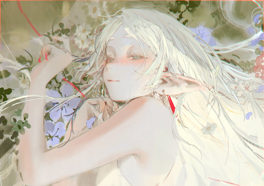 1girl absurdres bare_arms bare_shoulders blue_flower blush closed_mouth dress earrings elf flower frieren from_side green_eyes hair_down half-closed_eyes hands_up highres jewelry kurikabacha looking_at_viewer lying on_side parted_bangs petals plant pointy_ears sketch sleeveless sleeveless_dress smile solo sousou_no_frieren upper_body white_hair