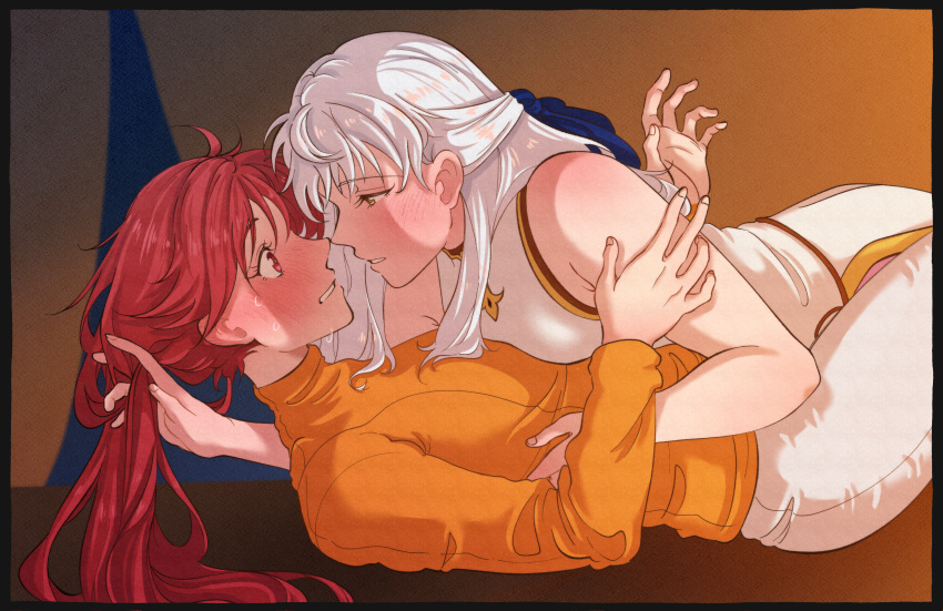 2girls absurdres blush commission commissioner_upload dreamsyndd face-to-face fire_emblem fire_emblem:_path_of_radiance fire_emblem:_radiant_dawn girl_on_top hand_in_another's_hair highres imminent_kiss jill_(fire_emblem) long_hair micaiah_(fire_emblem) multiple_girls noses_touching red_eyes red_hair sweat turtleneck white_hair yellow_eyes yuri