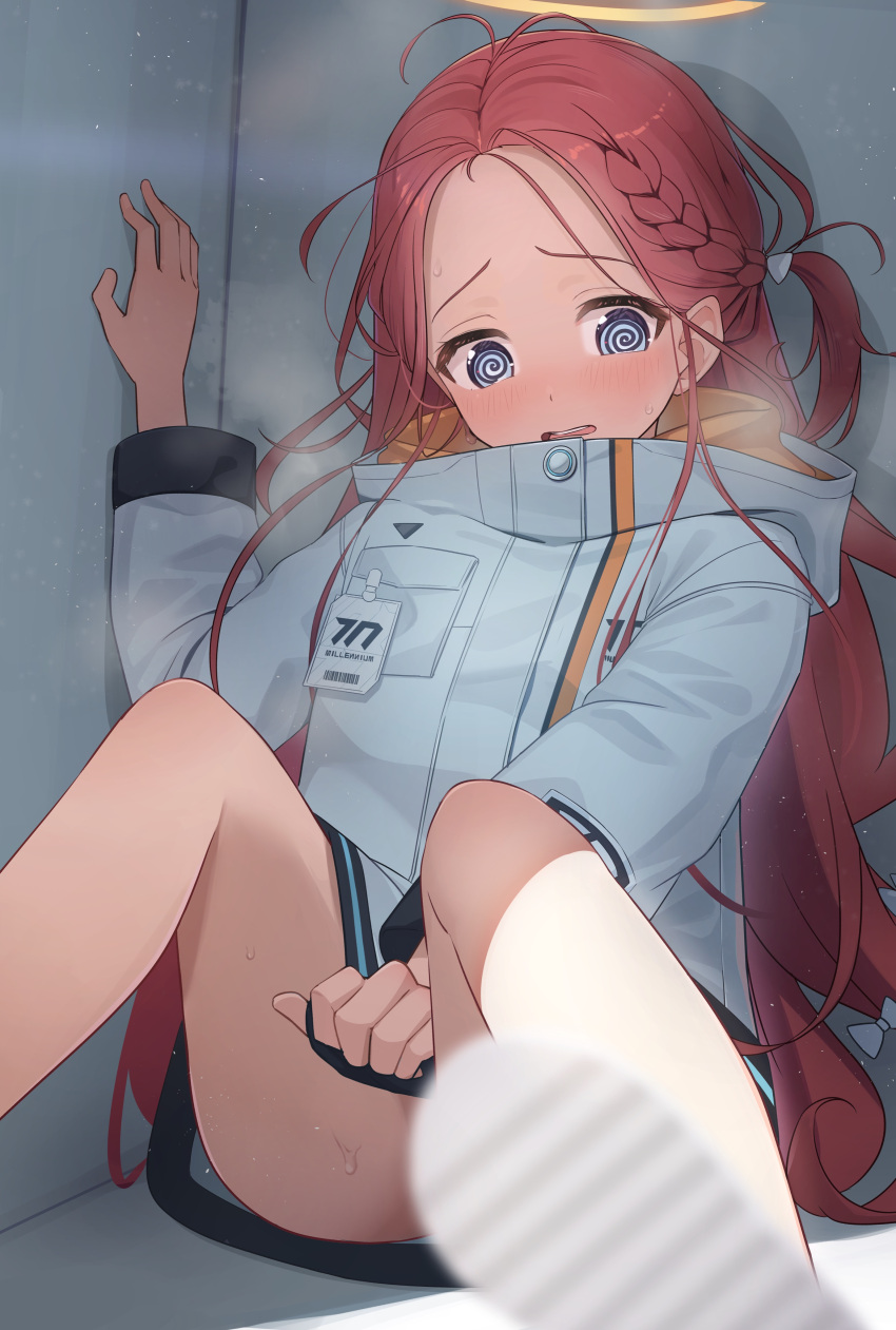 1girl @_@ absurdres bare_legs blue_archive blue_eyes blush braid commentary forehead halo highres jacket jacket_tug long_hair long_sleeves no_pants open_mouth red_hair ringopan shoes sitting solo sweat very_long_hair white_jacket yellow_halo yuzu_(blue_archive)