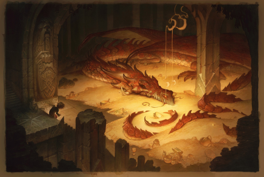 1boy absurdres animal_focus bilbo_baggins border broken_pillar brown_border claws commentary crack cracked_wall dragon english_commentary fantasy from_above highres horns justin_gerard lying multiple_horns on_stomach painting_(medium) pile_of_money pillar scenery smaug smoke spikes stairs tail the_hobbit tolkien's_legendarium traditional_media treasure treasure_chest underground watercolor_(medium) western_dragon wide_shot wings