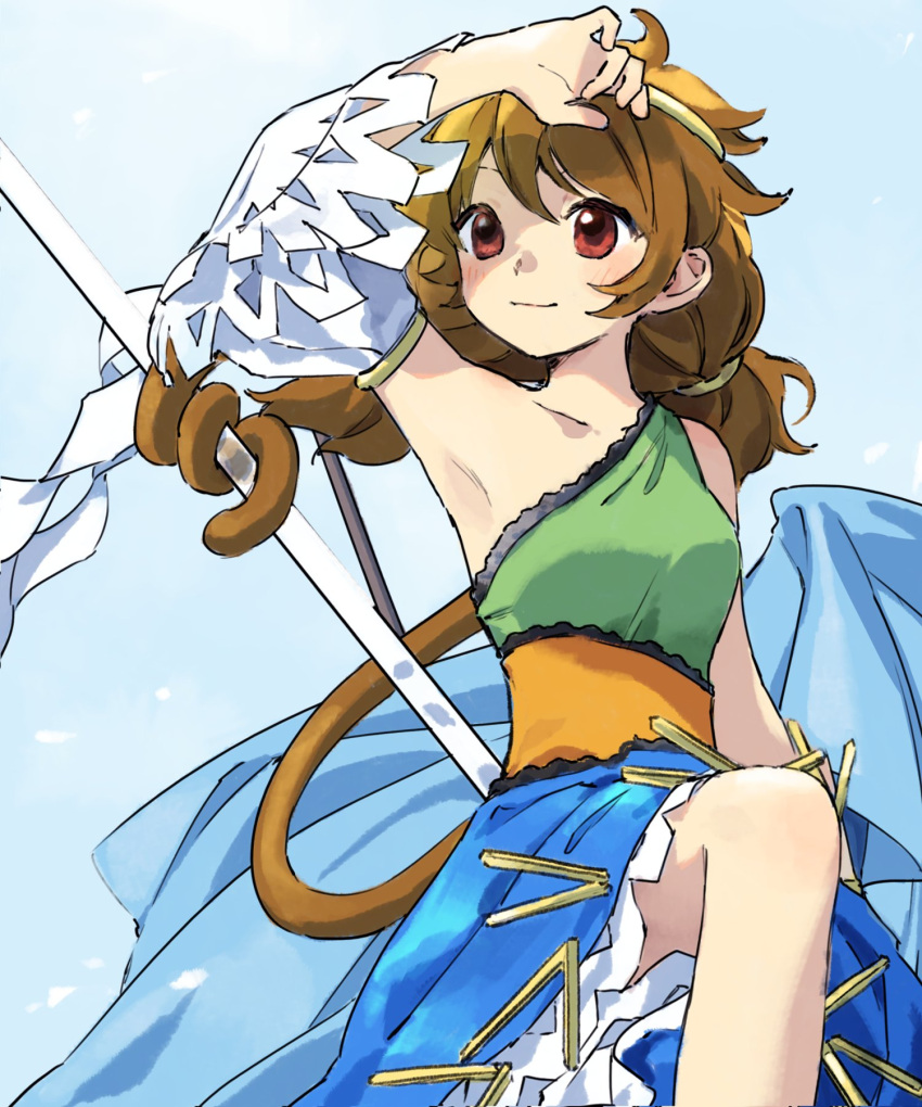 1girl armpits blue_background blue_dress bo_staff breasts brown_hair brown_tail circlet closed_mouth collarbone commentary_request detached_sleeves dress frilled_dress frills green_dress happy highres kaigen_1025 monkey_girl monkey_tail multicolored_clothes multicolored_dress prehensile_tail red_eyes ruyi_jingu_bang simple_background single-shoulder_dress single_detached_sleeve small_breasts smile solo son_biten tail test_tube touhou yellow_dress