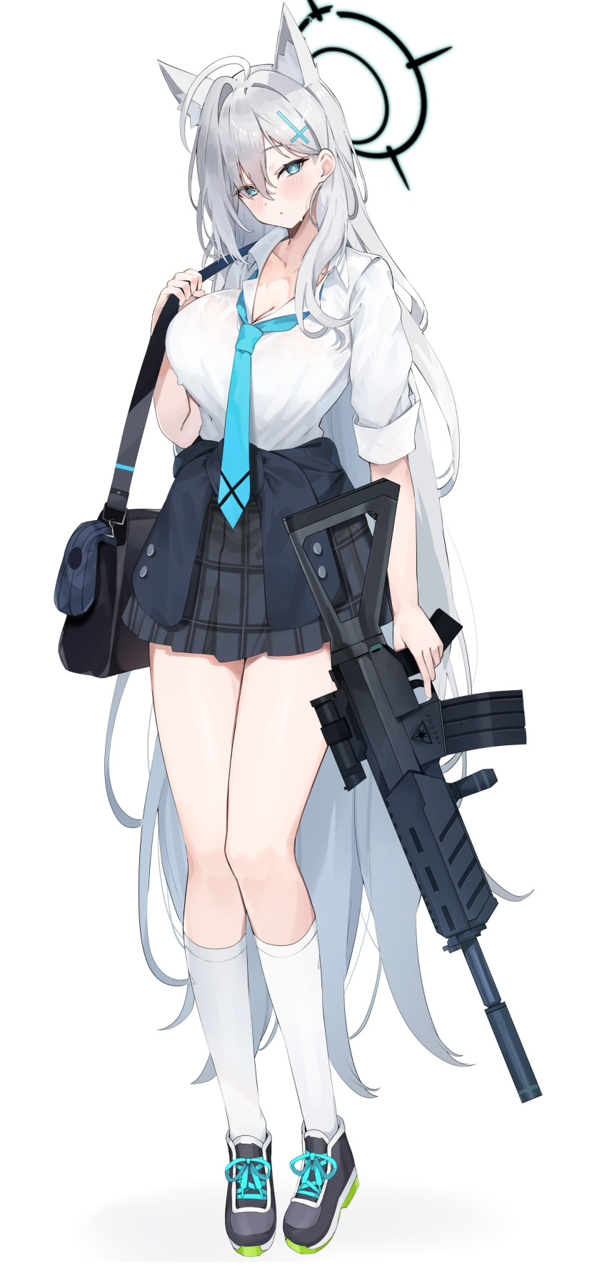 1girl absurdres ahoge alternate_costume animal_ear_fluff animal_ears assault_rifle bag black_bag black_footwear black_halo black_skirt blue_archive blue_coat blue_eyes blue_necktie blush breasts cleavage coat coat_around_waist commentary_request cross cross-laced_footwear cross_hair_ornament grey_hair gun hair_between_eyes hair_ornament halo highres holding holding_gun holding_weapon inverted_cross kuroshiro_kanae large_breasts long_hair looking_at_viewer miniskirt necktie plaid plaid_skirt pleated_skirt rifle school_bag shiroko_(blue_archive) shiroko_terror_(blue_archive) shirt sig_556 sig_sauer simple_background skirt sleeves_rolled_up socks solo standing weapon weapon_request white_background white_shirt white_socks wolf_ears wolf_girl