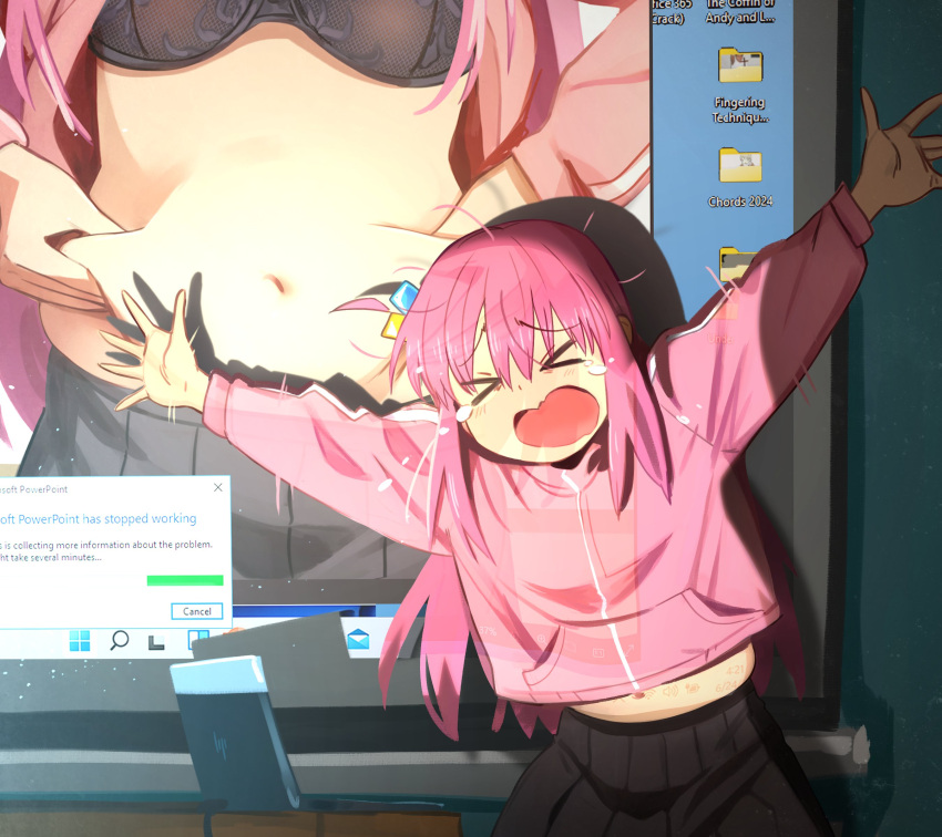 &gt;_&lt; 1girl absurdres arms_up belly_grab black_bra bocchi_the_rock! bra closed_eyes commentary computer facing_viewer gotoh_hitori highres indoors jacket khyle. laptop long_sleeves microsoft_windows midriff navel open_mouth outstretched_arms pink_jacket stomach tears underwear