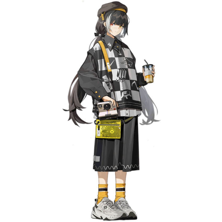 1girl beret black_hair black_hat black_ribbon black_shirt black_skirt black_vest camera checkered_clothes checkered_vest closed_mouth collared_shirt cup disposable_cup drink drinking_straw fu_nengliang_jiegeti full_body girls'_frontline hair_ribbon hat heterochromia highres holding holding_cup holding_drink long_hair long_skirt long_sleeves looking_at_viewer low_twintails multicolored_hair musical_note_earrings official_alternate_costume official_art planet_necklace polaroid print_vest red_eyes ribbon ro635_(monochrome_jungle_bird)_(girls'_frontline) shirt shoes simple_background skirt smile sneakers socks solo standing streaked_hair streetwear third-party_source transparent_background twintails very_long_hair vest waist_bag white_footwear white_hair white_shirt yellow_bag yellow_eyes yellow_socks zipper