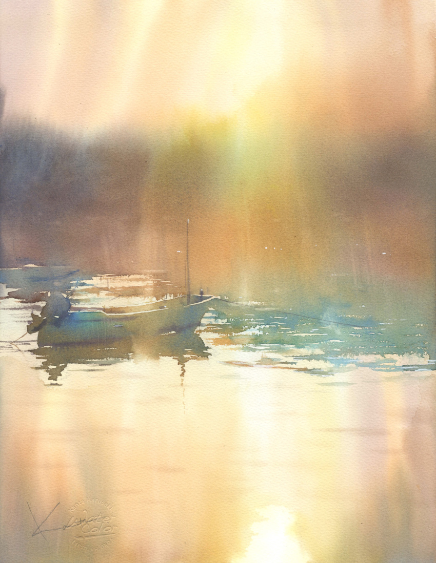 absurdres boat engine harusakikanta highres lake motor_vehicle no_humans original painting_(medium) pole reflection reflective_water sunlight traditional_media water watercolor_(medium) watercraft