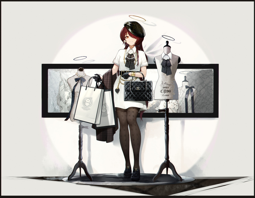 1girl alternate_costume arknights ascot bag bead_necklace beads beret black_ascot black_border black_footwear black_gloves black_hat black_pantyhose blackcat_enjia border chain_necklace chanel collared_dress commentary dress exusiai_(arknights) fashion full_body gloves hair_over_one_eye halo handbag hat highres holding holding_bag jewelry leather_bag long_hair mannequin necklace orange_eyes pantyhose penguin_logistics_logo red_hair shadow shopping_bag short_sleeves solo spotlight standing straight-on very_long_hair white_dress