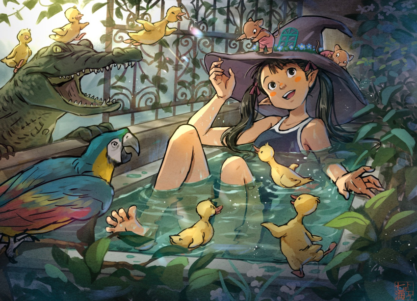 1girl adjusting_clothes adjusting_headwear artist_logo barefoot bathing bathtub bird black_eyes black_hair blue_one-piece_swimsuit blush_stickers crocodile crocodilian duck feet flower hat long_hair looking_up mouse nanami_tomorou one-piece_swimsuit open_mouth original parrot partially_submerged pointy_ears solo swimsuit teeth toenails twintails upper_teeth_only witch witch_hat