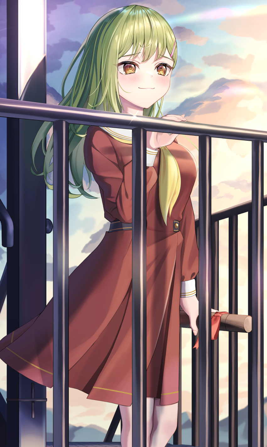 1girl :3 absurdres asumi_dori asymmetrical_hair blush breasts brown_dress brown_eyes closed_mouth cloud cloudy_sky dress feet_out_of_frame graduation green_hair hair_ornament hairclip hand_on_railing hasu_no_sora_school_uniform highres holding in-universe_location large_breasts link!_like!_love_live! long_hair long_sleeves looking_at_viewer love_live! medium_dress neckerchief oogami_sachi outdoors pleated_dress sailor_collar sailor_dress school_uniform shadow single_sidelock sky smile solo standing straight_hair tube white_sailor_collar winter_uniform yellow_neckerchief