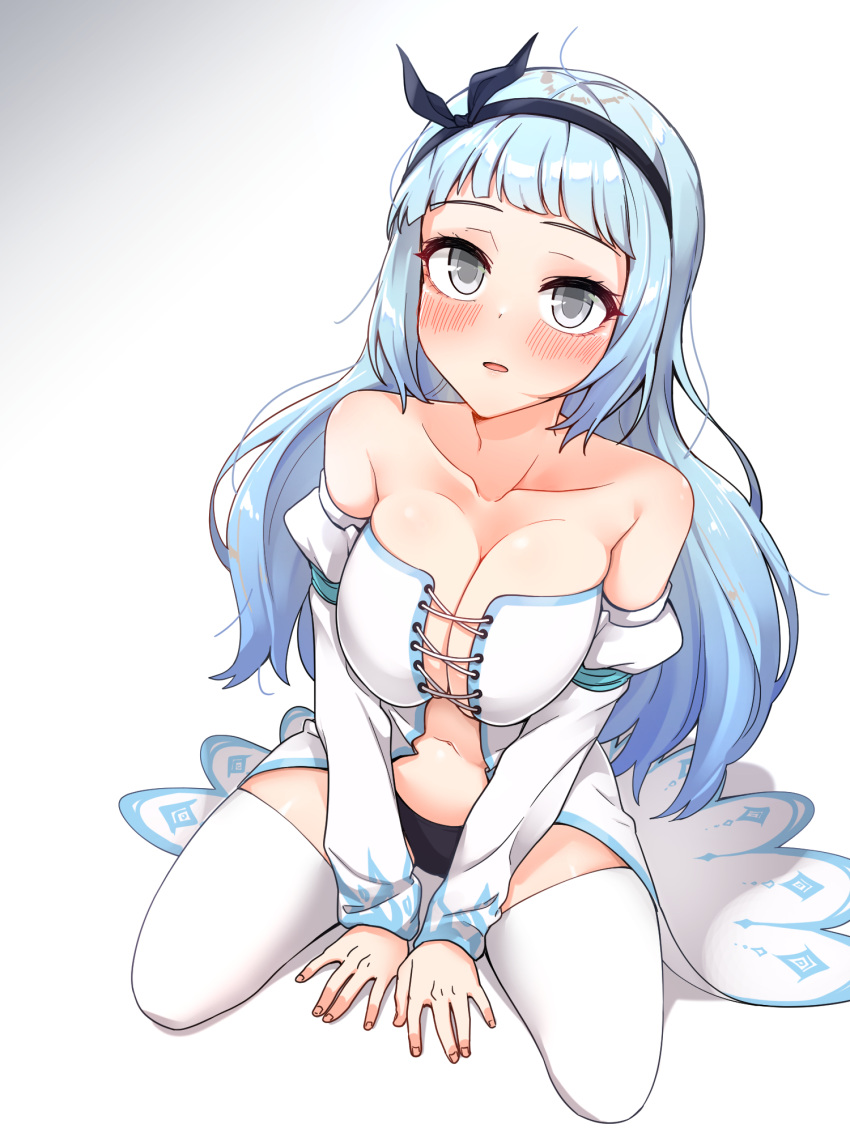 1girl arms_between_legs bare_shoulders black_hairband black_panties blue_hair blue_trim blunt_bangs blush breasts cleavage collarbone detached_sleeves dress dulldull eyelashes from_above full_body gradient_hair grey_eyes hairband highres large_breasts long_hair long_sleeves looking_up magician_(ice_lightning) maplestory multicolored_hair navel open_mouth panties puffy_sleeves short_bangs simple_background sitting solo strapless strapless_dress thighhighs underwear wariza white_background white_dress white_sleeves white_thighhighs