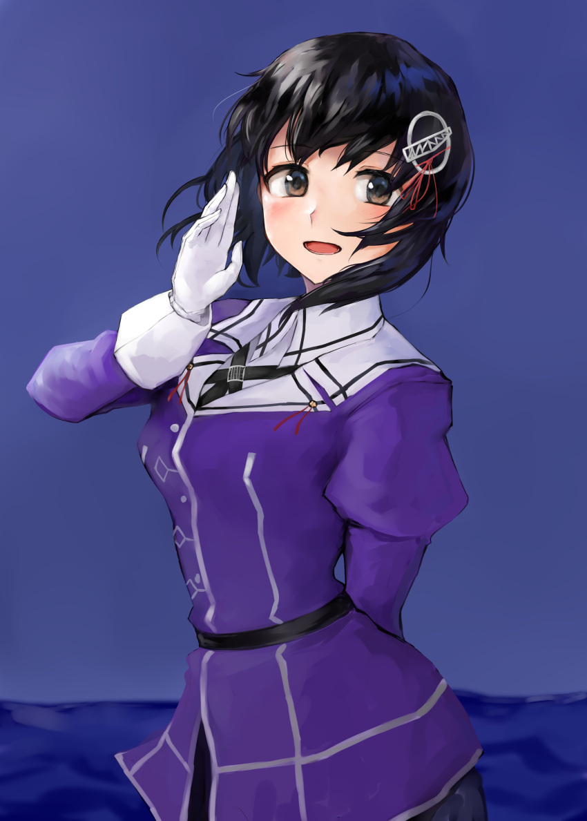 1girl 73suke absurdres arm_behind_back black_hair blush breasts brown_eyes commentary_request gloves haguro_(kancolle) haguro_kai_ni_(kancolle) hair_ornament highres jacket kantai_collection long_sleeves looking_at_viewer military_uniform open_mouth purple_jacket short_hair solo uniform white_gloves