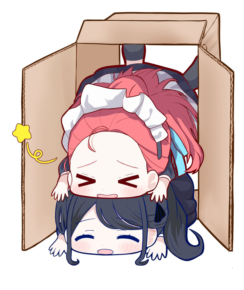 &gt;_&lt; 2girls :d ^_^ aoraine apron aris_(blue_archive) aris_(maid)_(blue_archive) black_footwear black_hair blue_archive blue_ribbon blush box cardboard_box chibi closed_eyes commentary_request fallen_down forehead hair_ribbon highres long_hair lying lying_on_person maid maid_apron maid_headdress multiple_girls no_halo on_stomach open_mouth parted_bangs ponytail red_hair ribbon simple_background smile star_(symbol) swept_bangs very_long_hair wavy_mouth white_background yuzu_(blue_archive) yuzu_(maid)_(blue_archive)