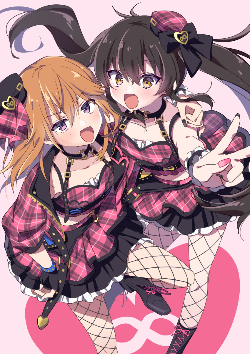 2girls absurdres alternate_costume arm_around_shoulder arm_at_side beat_shooter_(idolmaster) black_bow black_collar black_footwear black_gloves black_hair black_hat black_nails black_skirt black_wrist_cuffs blush boots bow child collar criss-cross_strings crop_top dot_nose eyelashes fingerless_gloves fingernails fishnet_pantyhose fishnets flat_chest foot_up frilled_skirt frilled_tank_top frilled_wrist_cuffs frills from_above full_body gloves hair_between_eyes halterneck hands_up hat hat_bow hat_ribbon heart high_heel_boots high_heels highres idol idol_clothes idolmaster idolmaster_cinderella_girls idolmaster_cinderella_girls_starlight_stage infinity_symbol jacket layered_skirt long_bangs long_hair looking_at_viewer matching_outfits matoba_risa midriff mini_hat multicolored_clothes multicolored_nails multicolored_skirt multiple_girls nail_polish open_clothes open_jacket open_mouth orange_hair pantyhose pink_background pink_hat pink_jacket pink_nails pink_ribbon pink_skirt pink_tank_top plaid plaid_headwear plaid_jacket plaid_ribbon plaid_tank_top purple_eyes ribbon riku_(melty_drop) short_sleeves sidelocks simple_background skirt smile standing straight_hair swept_bangs tank_top tongue twintails v wrist_cuffs yellow_eyes yuuki_haru zipper