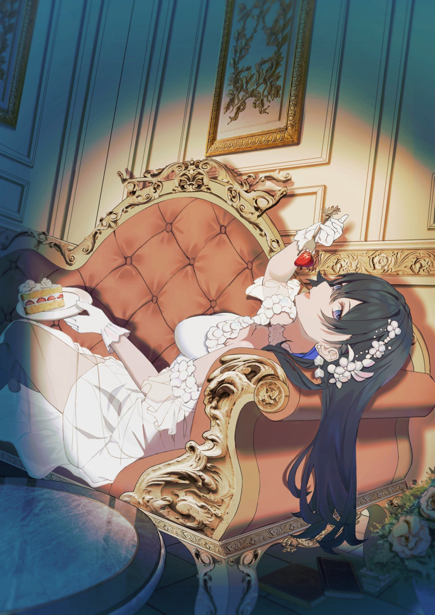 1girl alternate_costume black_hair blue_hair book bouquet breasts cake cake_slice choker colored_inner_hair couch crossed_legs detached_sleeves dress earrings flower food fork frilled_dress frills fruit gloves hair_between_eyes hair_flower hair_ornament head_back highres holding holding_fork holding_plate ichinose_uruha jewelry long_hair looking_at_viewer lying maria_onnette medium_breasts multicolored_hair on_back plate purple_eyes see-through solo strapless strapless_dress strawberry strawberry_shortcake table virtual_youtuber vspo! white_choker white_dress white_gloves