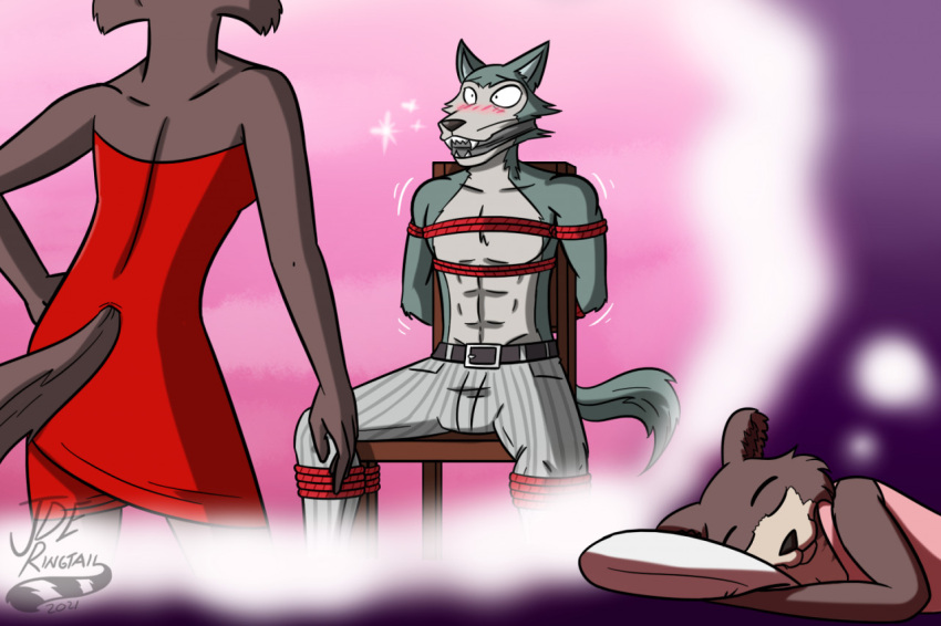 2021 abs anthro arms_tied athletic athletic_anthro athletic_male bdsm beastars belt black_nose blush bondage bottomwear bound canid canine canis chair clothed clothing digital_media_(artwork) domination dream dress duo fangs fantasizing female female_domination fur furniture gag gagged grey_body grey_fur jde10 juno_(beastars) legoshi_(beastars) legs_tied looking_at_another lying male male/female mammal on_side pants pattern_bottomwear pattern_clothing pattern_pants pecs red_clothing red_dress rope rope_bondage shaking signature sitting sitting_in_chair sleeping striped_bottomwear striped_clothing striped_pants stripes submissive submissive_male teasing teeth tied_to_chair topless topless_male trembling wolf