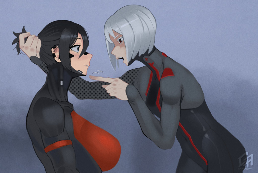 2girls android angry ariane_yeong black_hair cyberpunk elster_(signalis) gretarting highres joints mechanical_parts metal_skin multiple_girls open_mouth red_eyes robot_girl robot_joints signalis uniform white_hair