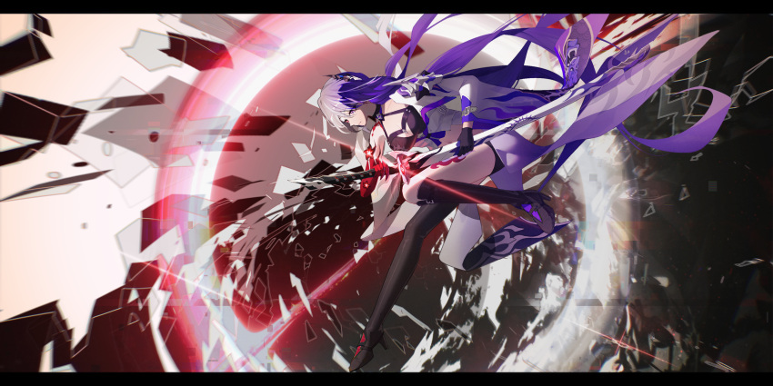 1girl acheron_(honkai:_star_rail) asymmetrical_footwear black_choker black_gloves black_hole black_shorts body_markings boots breasts chain choker cleavage coat coattails detached_sleeves full_body gleam_lin_shi gloves hair_over_one_eye highres honkai:_star_rail honkai_(series) leg_tattoo long_hair midriff multicolored_hair navel purple_eyes purple_hair scabbard sheath short_shorts shorts single_bare_shoulder solo stomach streaked_hair sword tattoo thigh_boots unsheathing weapon white_coat