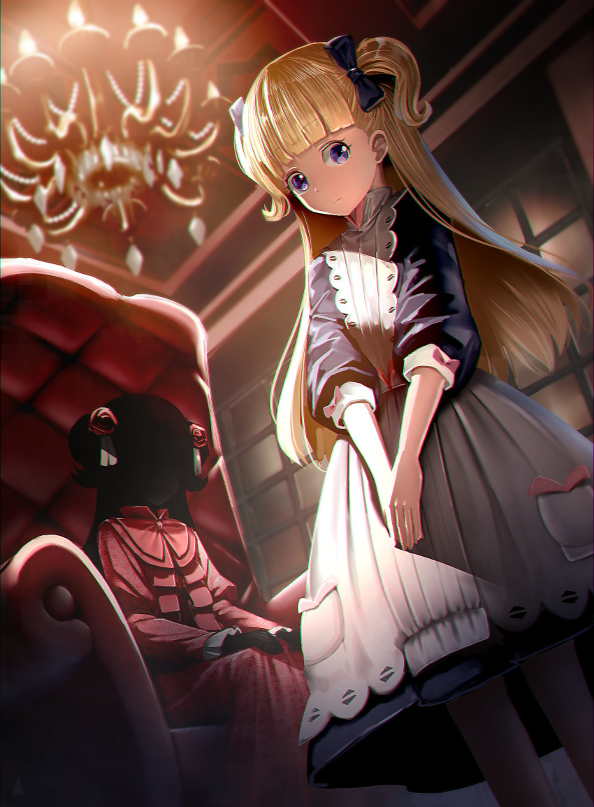 2girls absurdres bangs blonde_hair blunt_bangs ceiling chair chandelier dress emilyko hands_together highres indoors kate_(shadows_house) long_hair multiple_girls pink_dress ryosios shaded_face shadows_house short_sleeves short_twintails twintails window