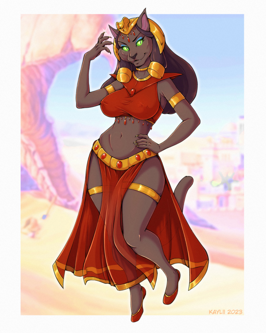 anthro black_body black_fur black_hair clothing disney disney's_aladdin felid female fur gold_(metal) gold_armlet gold_jewelry gold_legband green_sclera hair half-closed_eyes harem_girl harem_jewelry harem_outfit headdress hi_res jewelry kaylii mammal mirage_(disney) narrowed_eyes pantherine smile smirk smug smug_face solo translucent translucent_clothing