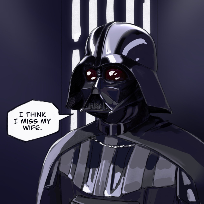 1boy armor black_cape cape captoraart commentary darth_vader english_commentary english_text helmet highres invincible_(series) male_focus scene_reference solo speech_bubble star_wars upper_body