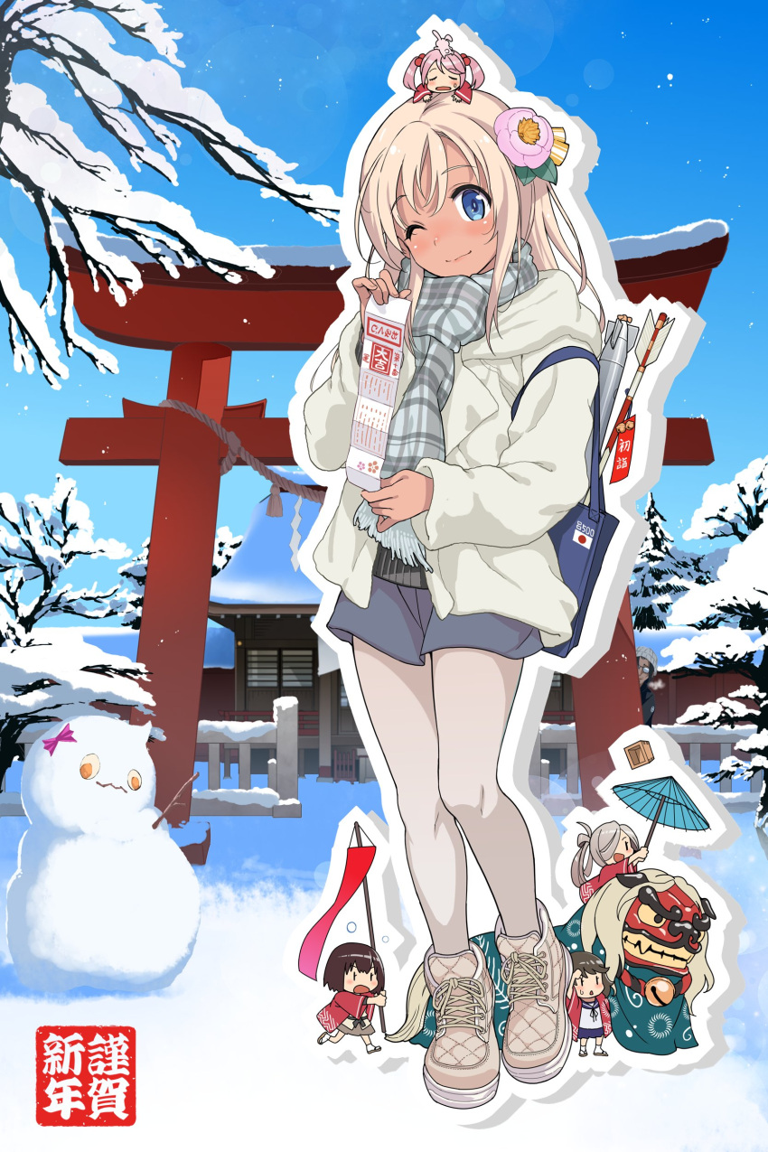 5girls absurdres alternate_costume arrow_(projectile) bag blonde_hair blue_eyes blush boots cloud day eyewear_on_head fairy_(kancolle) hair_ornament hamaya highres holding jacket jinkai_yamizawa kantai_collection long_hair long_sleeves looking_at_viewer multiple_girls new_year outdoors pantyhose ro-500_(kancolle) sailor_collar scarf school_uniform serafuku shorts sky smile snow snowing snowman tan torii white_pantyhose winter winter_clothes