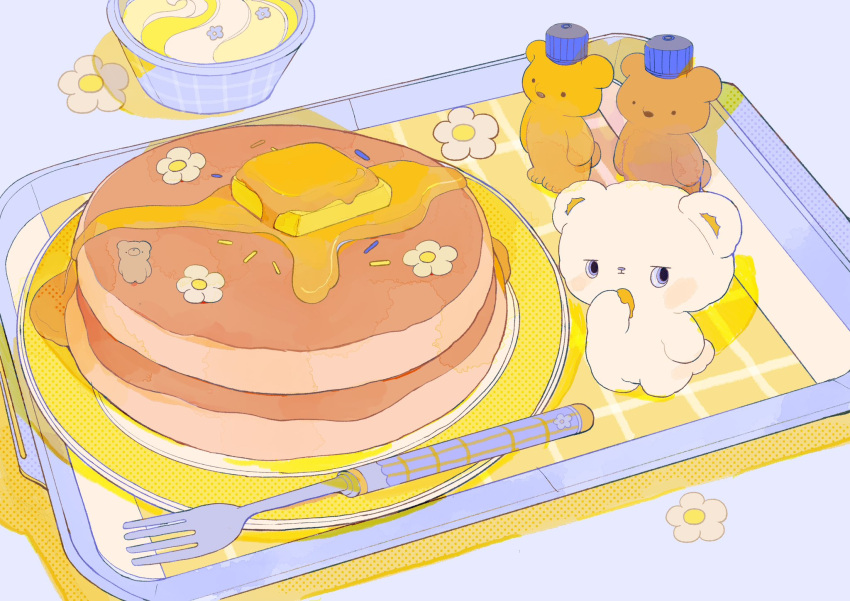 bear bowl butter flower food food_focus fork highres no_humans original pancake pastel_colors pepparmint310 plate sprinkles sweets syrup tray white_flower