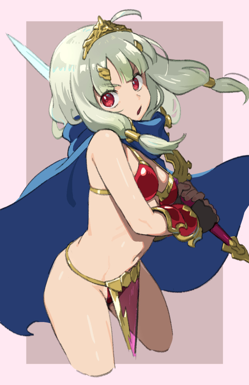 1girl ahoge arm_guards armor bikini_armor blue_cape breasts brown_background cape commentary_request cowboy_shot cropped_legs hair_ornament hair_tubes head_tilt hero_(sekaiju) hero_2_(sekaiju) highres holding holding_sword holding_weapon long_hair low_twintails medium_hair mya-zawa navel open_mouth over_shoulder pelvic_curtain red_eyes sekaiju_no_meikyuu sekaiju_no_meikyuu_x simple_background small_breasts solo standing sword sword_over_shoulder tiara twintails two-tone_background weapon weapon_over_shoulder white_background white_hair