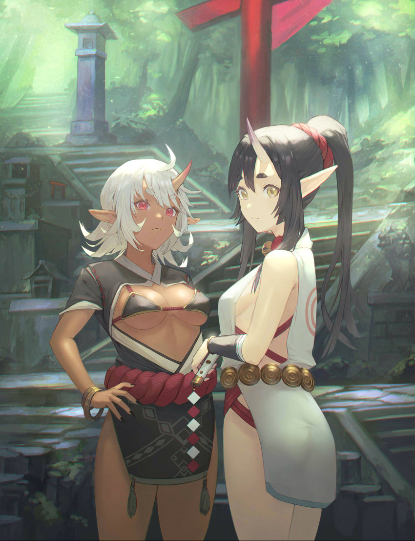 2girls bangle black_dress black_hair bracelet breasts dark-skinned_female dark_skin dress highres horns jewelry long_hair looking_at_viewer medium_breasts multiple_girls oni original otsukemono outdoors pointy_ears ponytail red_eyes revealing_clothes short_dress short_hair single_horn skin-covered_horns stairs torii white_dress white_hair yellow_eyes