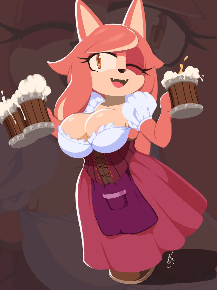 alcohol anthro barely_sly beer beer_mug beverage big_breasts breasts canid canine canis cleavage clothed clothing conductor's_wife_(sonic) domestic_dog female hi_res looking_at_viewer mammal one_eye_closed sega smile smiling_at_viewer solo sonic_the_hedgehog_(series) the_murder_of_sonic_the_hedgehog wink winking_at_viewer