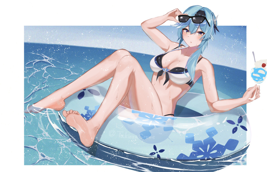 1girl absurdres adjusting_eyewear alternate_costume arm_up bikini black_hairband blue_hair border breasts cup drink eula_(genshin_impact) eyewear_on_head front-tie_bikini_top front-tie_top full_body genshin_impact glass hairband hand_up highres holding holding_cup holding_drink horizon innertube layered_bikini light_particles looking_at_viewer medium_breasts medium_hair ocean on_innertube outside_border parted_lips pirumu sidelocks soles solo sunglasses swim_ring swimsuit wet white_bikini white_border yellow_eyes