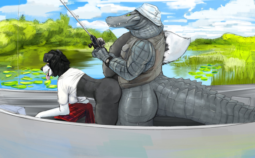 alligator alligatorid anthro bucket_hat clothing crocodilian doctordj duo female fishing hi_res lily_pad male plant reptile sarah_(wheresmysocks) scalie topwear vest