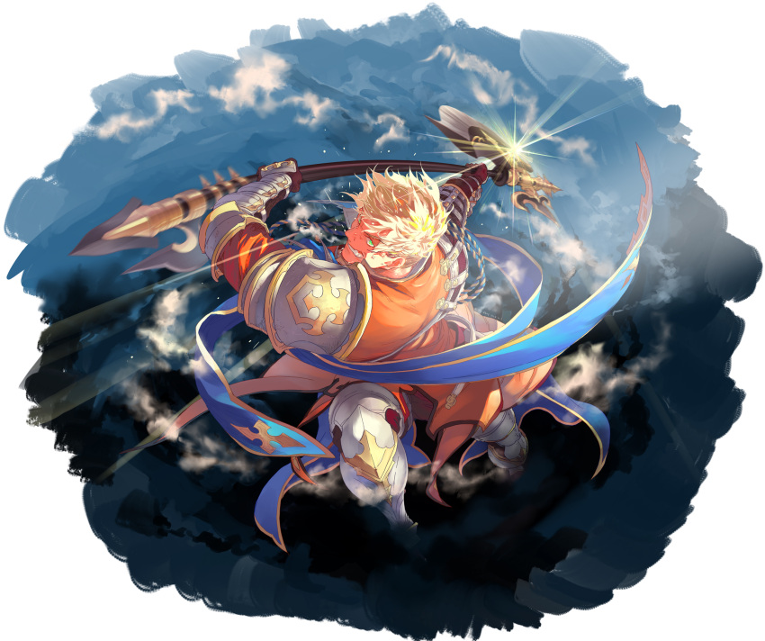 1boy armor armored_boots axe battle_axe black_pants blonde_hair boots brown_gloves clenched_teeth fighting_stance gloves granblue_fantasy green_hair highres holding holding_axe holding_weapon looking_at_viewer male_focus pants pauldrons short_hair shoulder_armor single_pauldron sky_kbuc solo sweat sweatdrop teeth vane_(granblue_fantasy) weapon