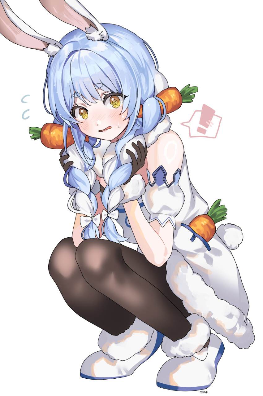 ! 2girls @_@ absurdres animal_ears arm_cuffs black_gloves black_pantyhose blue_hair bow braid carrot dress gloves hair_bow highres hololive light_blue_hair low_twin_braids multicolored_hair multiple_girls nervous ohw8g pantyhose rabbit_ears rabbit_tail squatting sweat sweatdrop tail twin_braids two-tone_hair usada_pekora usada_pekora_(1st_costume) virtual_youtuber wavy_mouth white_bow white_dress white_footwear white_hair yellow_eyes