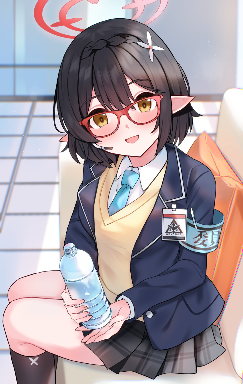 1girl absurdres armband ayane_(blue_archive) black_hair blue_archive blue_jacket blue_necktie blurry blurry_background blush bottle cross_hair_ornament glasses green_halo hair_ornament halo highres holding holding_bottle id_card indoors jacket looking_at_viewer mi_taro333 necktie open_mouth pink_halo pleated_skirt pointy_ears red-framed_eyewear red_halo safety_pin school_uniform serafuku short_hair sitting skirt smile solo vest yellow_eyes yellow_vest