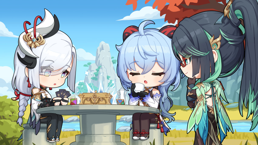 3girls :o absurdres aqua_hair black_pantyhose blue_eyes blue_hair blue_sky card cavcaz chibi closed_eyes cloud commentary day detached_sleeves ganyu_(genshin_impact) genshin_impact glasses hair_ornament highres holding holding_card horns long_braid long_hair long_sleeves multiple_girls open_mouth pantyhose parted_lips red-framed_eyewear shenhe_(genshin_impact) sitting sky standing table very_long_hair white_hair xianyun_(genshin_impact)