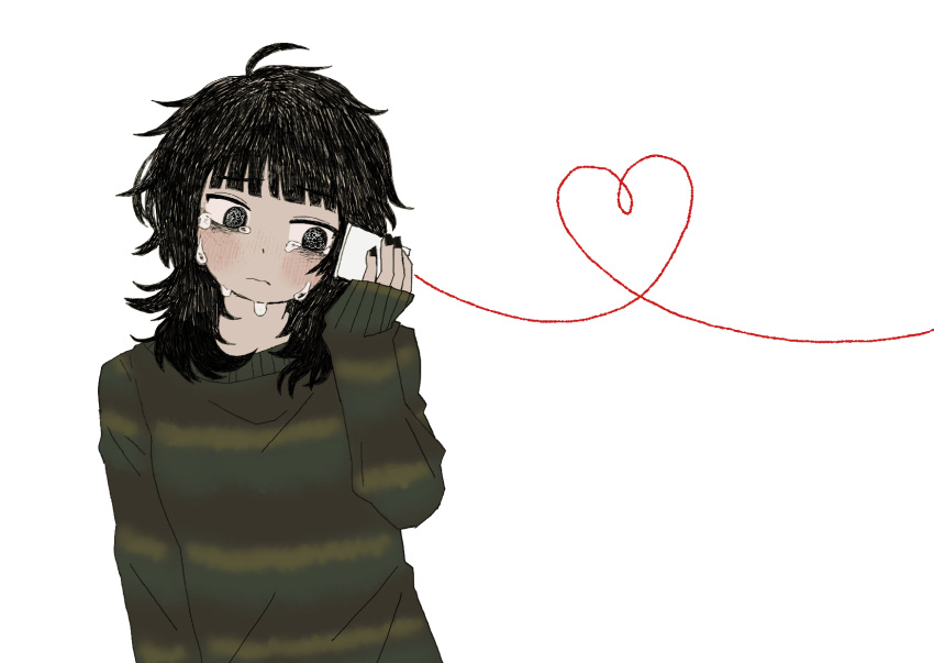 1girl antenna_hair black_eyes black_hair black_nails commentary cup disposable_cup green_sweater heart highres holding kms2605 looking_to_the_side medium_hair messy_hair nail_polish original simple_background solo string_phone striped_clothes striped_sweater sweater symbol-only_commentary tears white_background wire