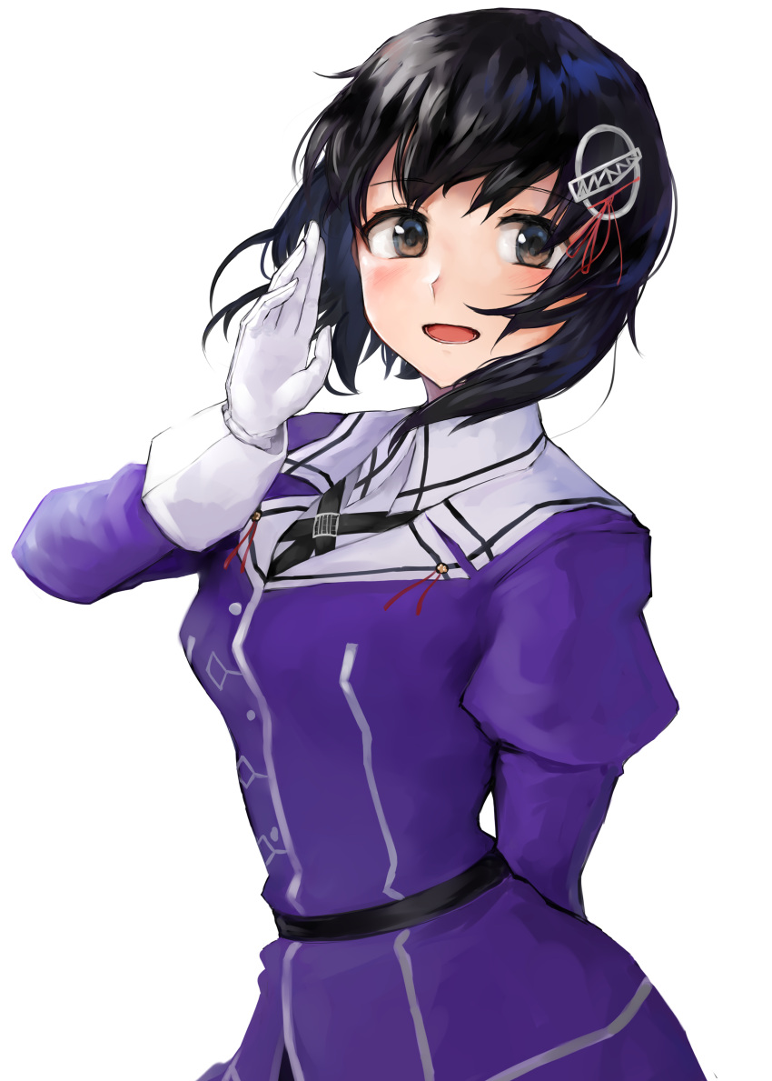 1girl 73suke absurdres black_hair brown_hair gloves haguro_(kancolle) haguro_kai_ni_(kancolle) highres jacket kantai_collection long_sleeves looking_at_viewer open_mouth puffy_long_sleeves puffy_sleeves purple_jacket short_hair simple_background smile solo uniform upper_body white_background white_gloves