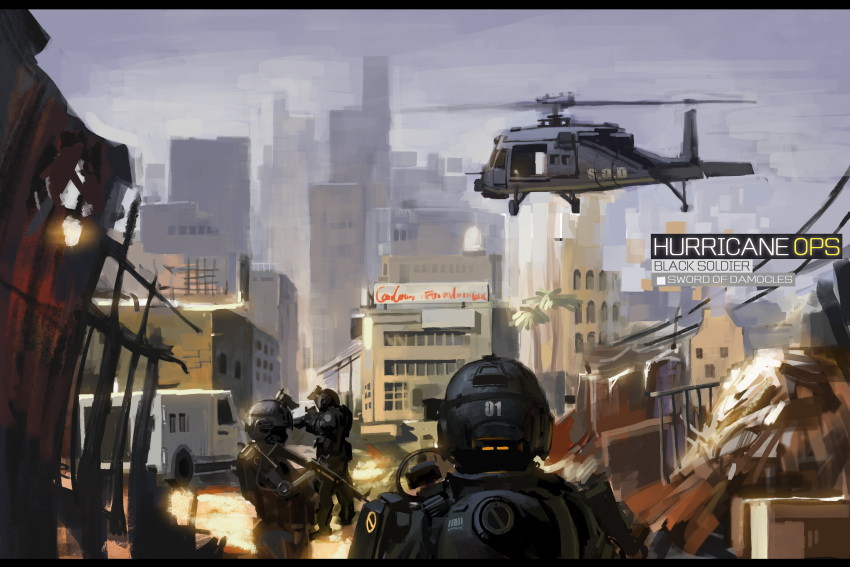 3others absurdres aircraft billboard black_soldier city exoskeleton from_behind gun helicopter helmet highres holding holding_gun holding_weapon impasto military military_vehicle motor_vehicle multiple_others night_vision_device oil_painting_(medium) original painting_(medium) scenery traditional_media uh-60_blackhawk watermark weapon