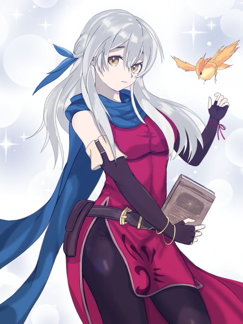 1girl bangle bare_shoulders bird black_gloves black_leggings blue_scarf book bracelet bubble cowboy_shot dress elbow_gloves fingerless_gloves fire_emblem fire_emblem:_radiant_dawn gloves grey_hair hair_ribbon half_updo highres holding holding_book jewelry leggings long_hair matchanosuke_fe micaiah_(fire_emblem) ribbon scarf side_slit simple_background sleeveless sleeveless_dress solo sparkle yellow_eyes