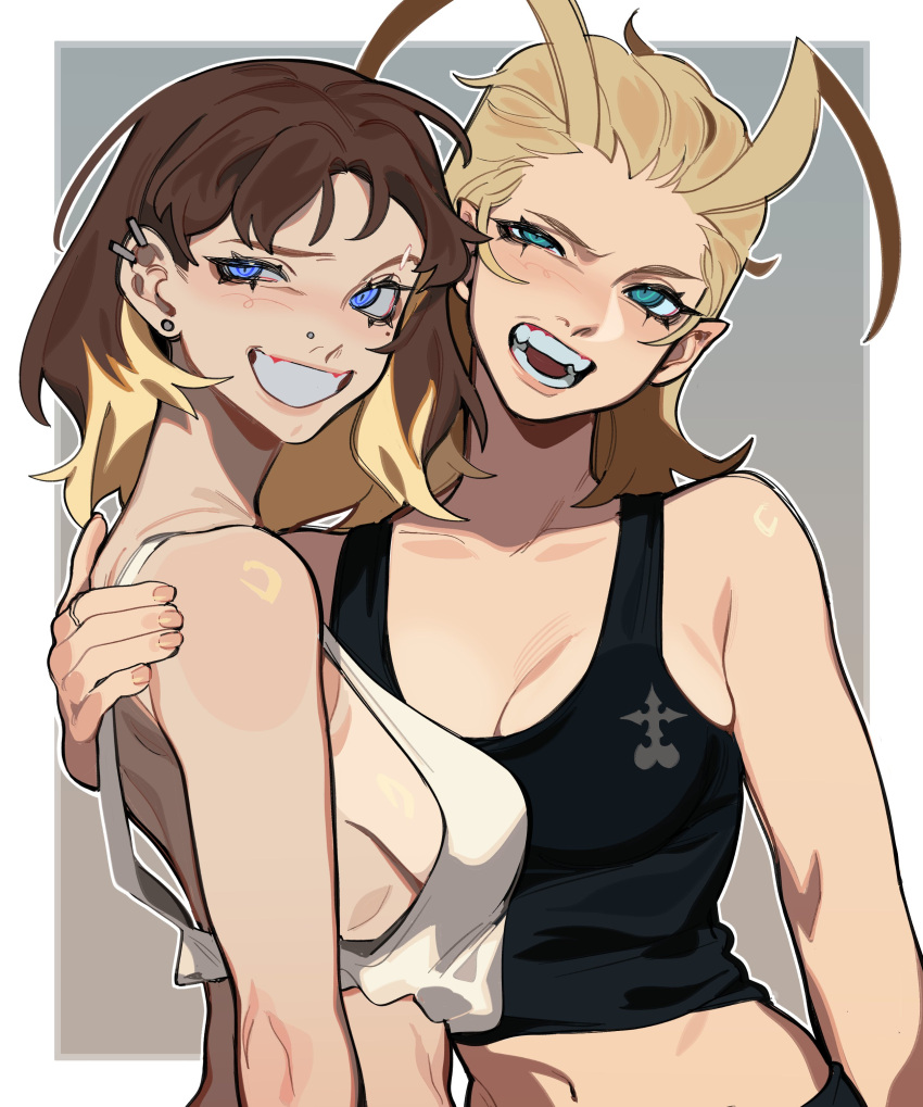 2girls :d absurdres antenna_hair aqua_eyes arm_around_shoulder arm_at_side artist_self-insert black_tank_top blonde_hair blue_eyes blush breasts brown_hair crop_top ear_piercing earrings from_side grey_background grin hair_slicked_back hand_on_another's_shoulder highres jewelry kingdom_hearts larxene long_hair looking_ahead looking_at_viewer martini_(porqueloin) midriff multicolored_hair multiple_girls navel nose_piercing open_mouth original piercing porqueloin sideboob simple_background small_breasts smile straight_hair stud_earrings tank_top teeth tongue two-tone_hair upper_body white_tank_top