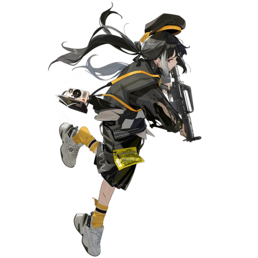 1girl beret black_hair black_hat black_ribbon black_shirt black_skirt black_vest camera checkered_clothes checkered_vest collared_shirt colt_9mm_smg floating_hair from_side fu_nengliang_jiegeti full_body girls'_frontline gun hair_ribbon hat highres holding holding_gun holding_weapon long_hair long_skirt long_sleeves looking_at_viewer looking_to_the_side low_twintails multicolored_hair musical_note_earrings official_alternate_costume official_art parted_lips photo_(object) planet_necklace polaroid print_vest profile red_eyes ribbon ro635_(monochrome_jungle_bird)_(girls'_frontline) scratches shirt shoe_dangle shoes simple_background skirt sneakers socks solo standing standing_on_one_leg streaked_hair streetwear third-party_source torn_clothes torn_shirt torn_socks transparent_background trigger_discipline twintails unworn_hat unworn_headwear very_long_hair vest waist_bag weapon white_footwear white_hair white_shirt yellow_bag yellow_socks zipper
