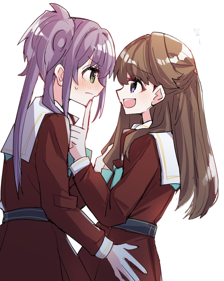 2girls :d aqua_neckerchief blush brown_dress brown_hair check_translation commentary dress eye_contact face-to-face from_side fujishima_megumi green_eyes hand_on_another's_chin hand_on_another's_hip hasu_no_sora_school_uniform highres kanduki_kamibukuro link!_like!_love_live! long_hair long_sleeves looking_at_another love_live! multiple_girls neckerchief nose_blush open_mouth otomune_kozue pleated_dress purple_eyes purple_hair sailor_collar sailor_dress school_uniform side_ponytail sidelighting sidelocks sideways_mouth simple_background smile teasing translation_request two_side_up v-shaped_eyebrows white_background white_sailor_collar winter_uniform yuri